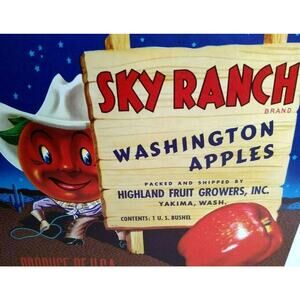 Sky Ranch Apples Crate Label Western Anthropomorphic Cowboy Man Vintage 1950s